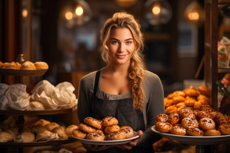 A businesswoman with a bakery in the background of bakery windows, a girl working in a cafe. Business concept and promotion of her bakery.の素材