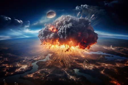 A nuclear bomb exploding in the city. View from space. The concept of war and terror.の素材