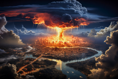 A nuclear bomb exploding in the city. View from space. The concept of war and terror.の素材