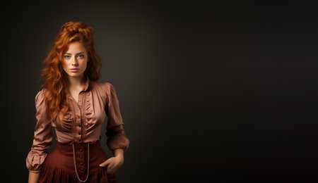 Sexy beautiful redhead girl with long and curly hair. Perfect female portrait on black background. Gorgeous hair and deep eyes. Natural beauty, clear skin, facial and hair care. Strong and thick hairの素材