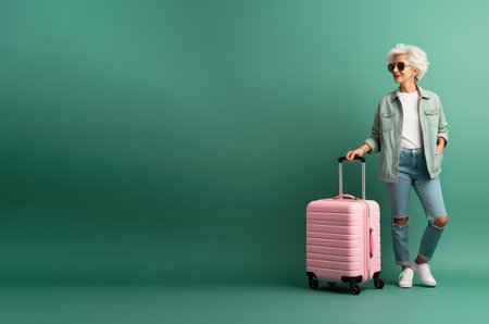Full height traveler tourist woman in casual clothes with suitcase on green background. Passenger traveling abroad for a weekend trip. Air flight travel conceptの素材