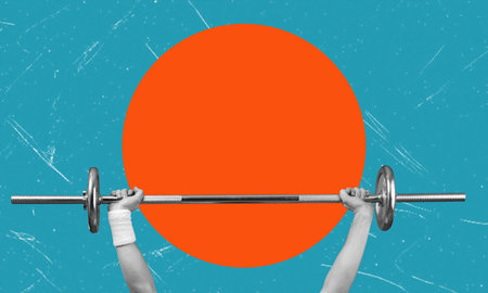 Contemporary art collage of hands holding a barbell. Sports and fitness concept.の写真素材