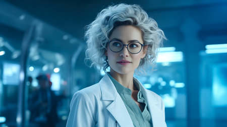 A female doctor with glasses and white hair, against a blue background. Concept of working as a doctor in a laboratory or hospitalの素材
