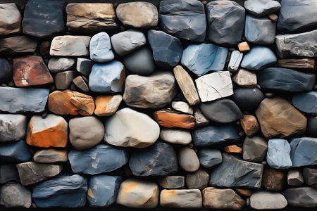 Wall of multicolored stones of different shapes embedded in cement mortar. Stone texture.の素材