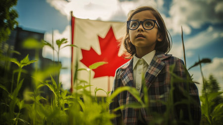 Portrait of an adorable cute Caucasian baby girl, on green grass in a park outside with a large Canadian flag in the background. The child is celebrating Canada Day on July 1.の素材