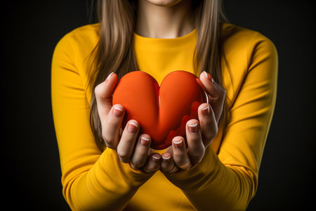 Women's hands holding a red heart, health insurance, health care, love. Organ donation concept, world heart day, world health day.の素材