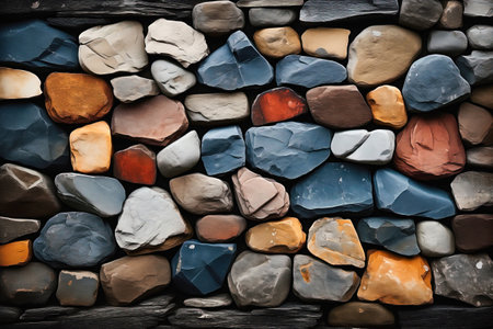 Wall of multicolored stones of different shapes embedded in cement mortar. Stone texture.の素材