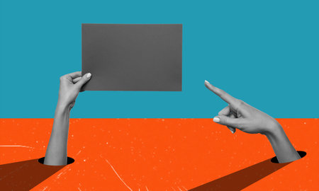 Journal template collage with a picture of a hand with a sign and a pointing finger. Advertising and promotion concept.の写真素材