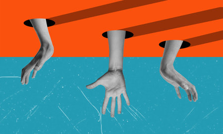 Art collage, reaching up from the ceiling, from above. Empty hands without anything.