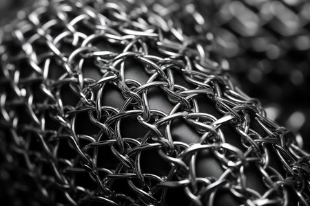 Chains and rings on black and leather background. Fashion and texture concept.の素材