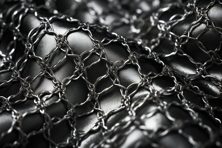 Chains and rings on black and leather background. Fashion and texture concept.の素材