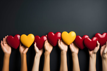 A group of people holding a heart on a black background. The concept of love and romance.の素材