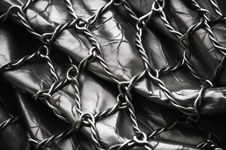 Chains and rings on black and leather background. Fashion and texture concept.の素材