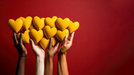 Group of people holding a heart on red background. The concept of love and romance.の素材