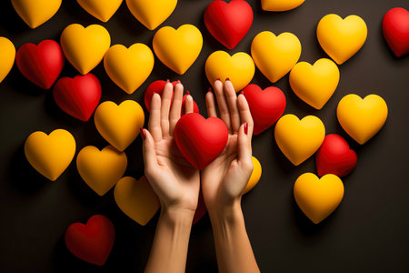 A woman's hands hold a heart against other hearts. The concept of love and romance.の素材