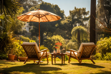 Sun terrace at resort lounger on vacation, lawn and green summer grass backdrop, spa backdrop for summer relaxationの素材