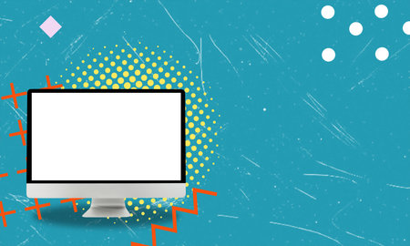 Modern art collage featuring an image of a blank monitor on a blue background with space for text. The concept of working and promoting your product.の写真素材