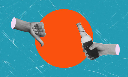 Contemporary art collage depicting a hand holding a bottle of beer, finger down. The concept of...
