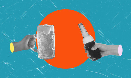 Contemporary art collage. Hands holding a bottle and a mug of beer on a blue background. Friends at a party. Concept of alcohol, addiction, party.の写真素材