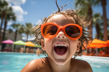 A small child splashing and pampering in the pool, happy and having fun. The concept of relaxing in a swimming pool.の素材