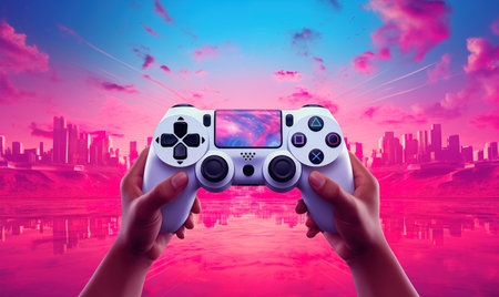 A gamepad in the hands of a tech-savvy gamer. Close-up. Digital technology, electronics, modern gadgets. Online video games with friends, cyberspace.の素材
