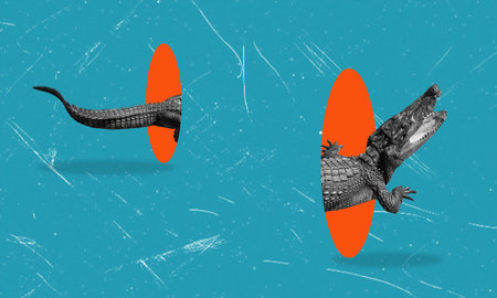Art collage, crocodile on blue background with orange circle teleport. Travel concept.の写真素材
