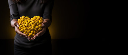 Heart in hand. A girl hiding behind a valentine. Concept of declaration of love, gratitude, care, health, family. Copy space.の素材