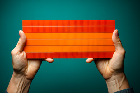 Hand holds and displays an orange board with space for copy. advertising and promotion concept.の素材