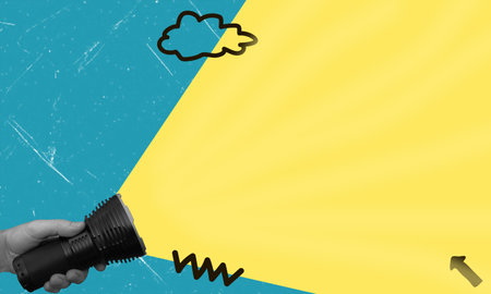 Modern art collage depicting a hand holding a flashlight. Concept of motivation, profit and moving...
