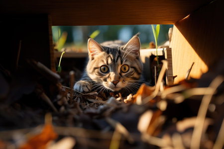 Emotion of fear, portrait of a cat with big eyes, emotional look of an animal. The cat is hunting for prey.の素材