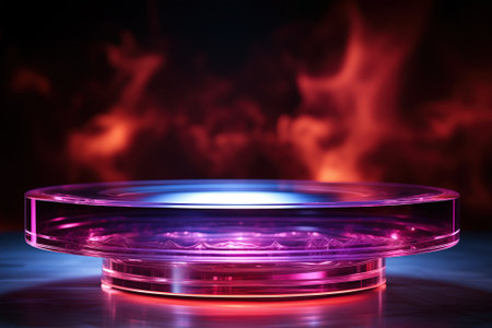 Purple and pink neon podium, pedestal. Concept of product advertising on the podium.の素材