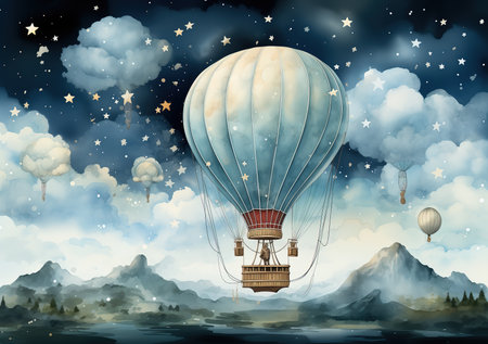 Paper cut illustration, whimsical balloons, adventure background. AI generative image.の素材