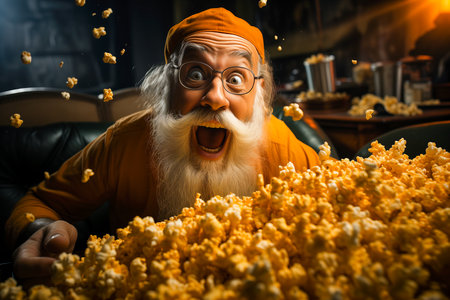 A cheerful elderly grandfather sitting on a couch with a popcorn. The concept of relaxation and entertainment.の素材