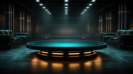 Dark green pedestal on dark with neon lighting. Pedestal on dark with neon lighting in a dark roomの素材
