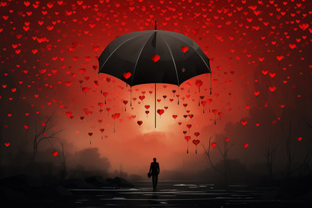 Illustration of a lonely man with an umbrella and floating red hearts. The concept of loneliness and separation.の素材
