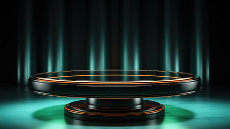 Dark green pedestal on dark with neon lighting. Pedestal on dark with neon lighting in a dark roomの素材