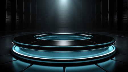 Dark green pedestal on dark with neon lighting. Pedestal on dark with neon lighting in a dark roomの素材