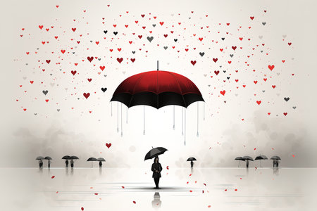 Illustration of a lonely man with an umbrella and floating red hearts. The concept of loneliness and separation.の素材