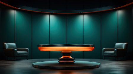 Dark green pedestal on dark with neon lighting. Pedestal on dark with neon lighting in a dark roomの素材