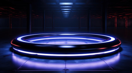 Dark blue podium with neon. Pedestal on dark with neon lighting in a dark roomの素材