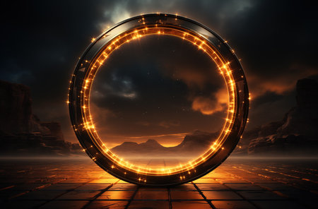 Magical fire portal in the shape of a circle. Magical lights. Fantasy gate illustration. A gateway to another realm. Marvels. Unknown. A shimmering magic ring.の素材