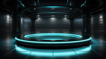 Dark green pedestal on dark with neon lighting. Pedestal on dark with neon lighting in a dark roomの素材