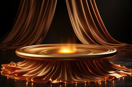 Blank golden round podium for presentation on blurred background. Empty showcase for cosmetic product presentation, promotional sale.の素材