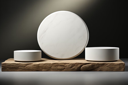 White podium on dark background, wooden stand. Product advertisement.の素材