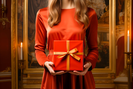 girl with a gift in her hands close-up. Red dress and red gift ribbon.の素材
