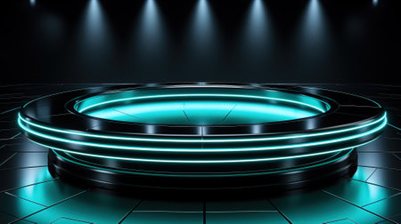 Dark green pedestal on dark with neon lighting. Pedestal on dark with neon lighting in a dark roomの素材