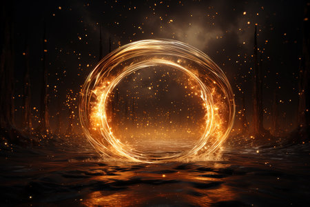 Magical fire portal in the shape of a circle. Magical lights. Fantasy gate illustration. A gateway to another realm. Marvels. Unknown. A shimmering magic ring.の素材
