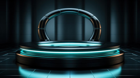 Dark green pedestal on dark with neon lighting. Pedestal on dark with neon lighting in a dark roomの素材