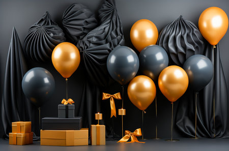 Black and gold balloons on black background with copy space. Birthday celebration backgroundの素材