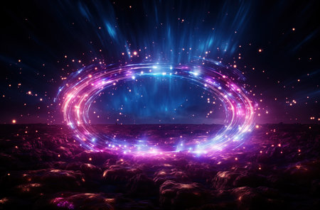 An iridescent or neon ellipse isolated on a dark ground background. Created using generative artificial intelligence technology.の素材